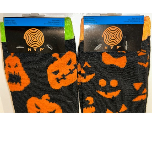 Halloween Jack O'lantern HYP Crew Socks 2 Pair Men's 6-12 Black Orange w Pumpkin - Picture 3 of 8